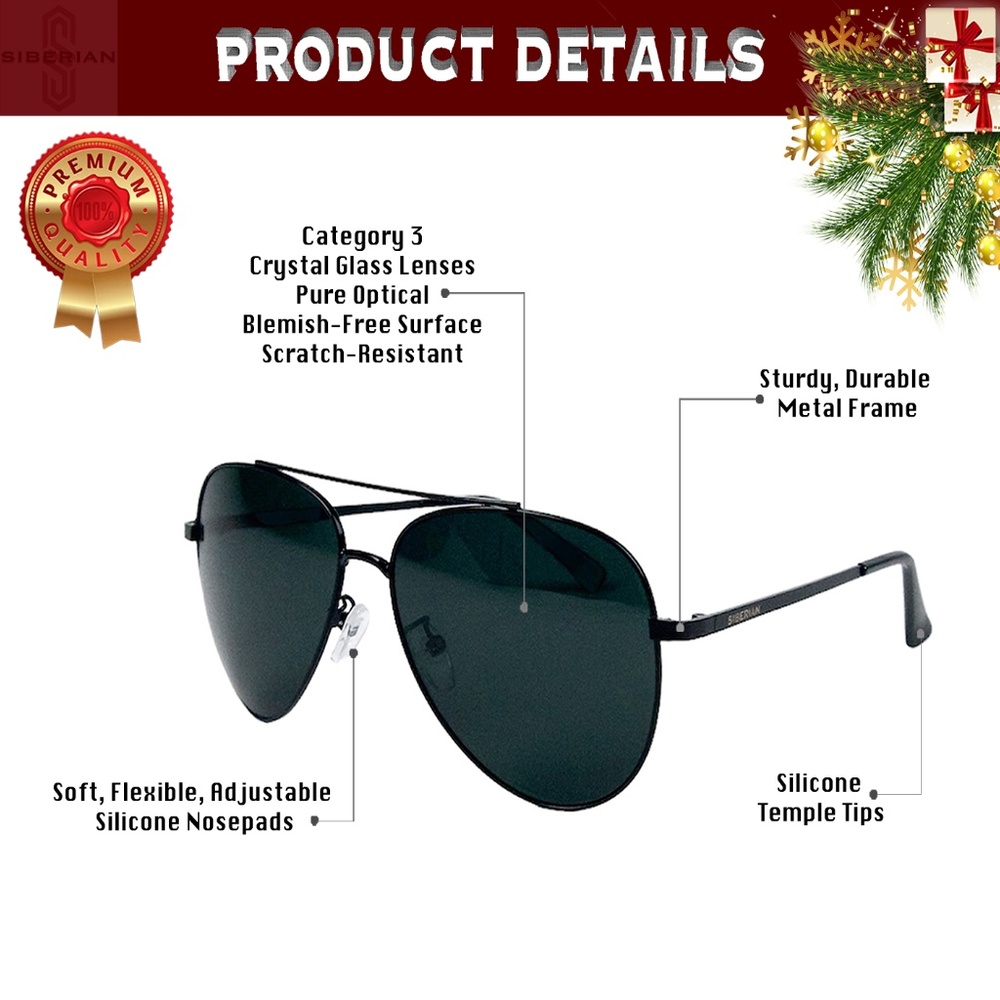 SIBERIAN Real Glass Lenses BLACK Classic Aviator Sunglasses Men/Women Size 60mm - Picture 3 of 16